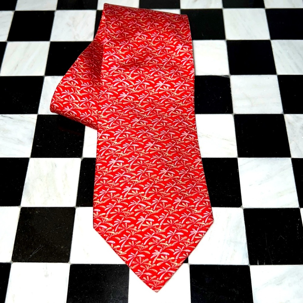 Salvatore Ferragamo Men’s 100% Silk Red Palm Trees Fun Necktie